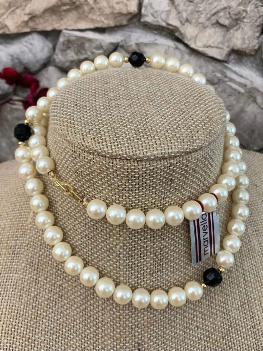 Vintage Signed Marvella Faux Pearl Black Faceted Beads Gold Necklace NOS Tag NWT